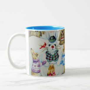 Winter Rabbits Building Snowbunny Watercolor Art Two-Tone Coffee Mug