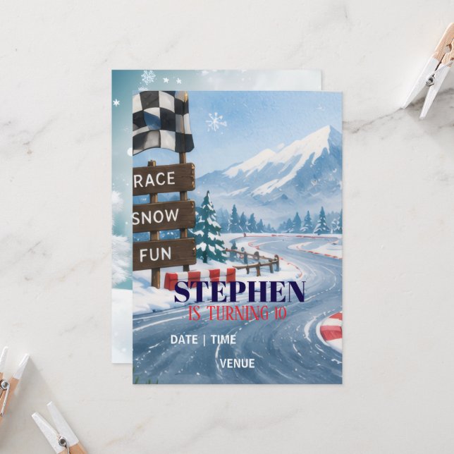 Winter Racing Adventure Birthday Invitation (Front/Back In Situ)