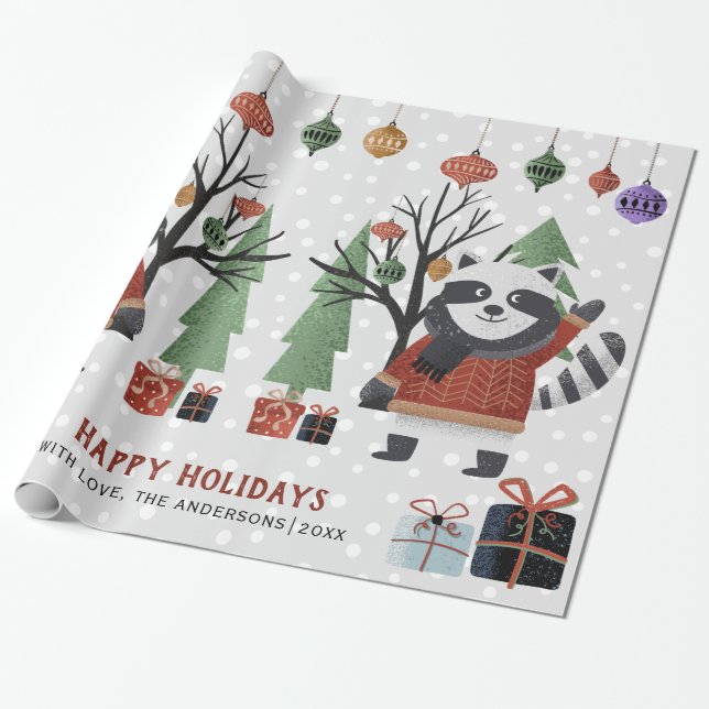 Winter racoon and trees Happy holidays Christmas Wrapping Paper (Unrolled)