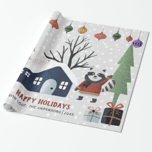 Winter racoon, trees and house Christmas holiday Wrapping Paper