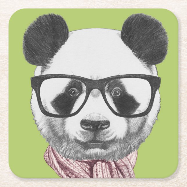 Winter Ready Panda Bear Square Paper Coaster (Front)