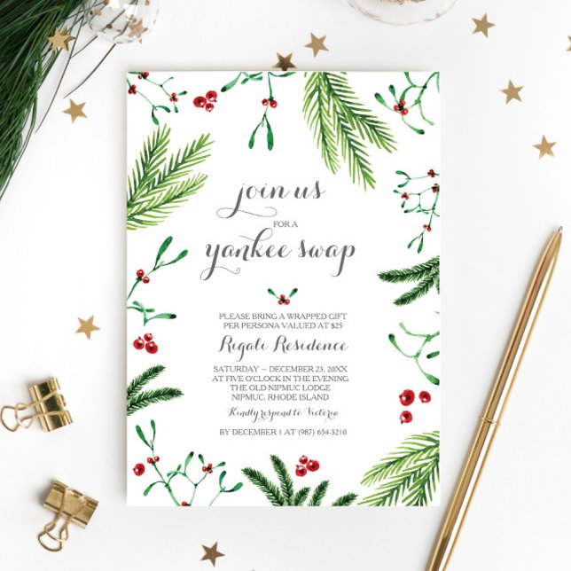 Winter Red and Green Pine Berries Christmas Party Invitation (Yankee swap invitations )