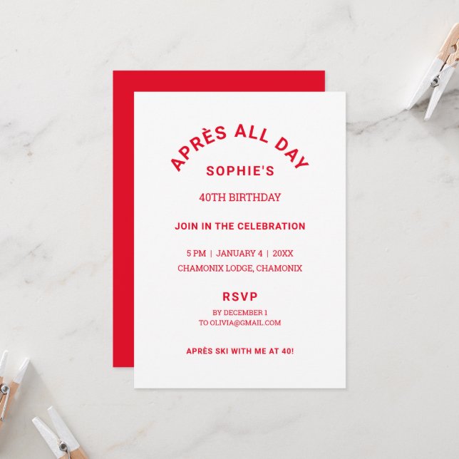 Winter Red Après All Day 40th Birthday Ski Theme Invitation (Front/Back In Situ)