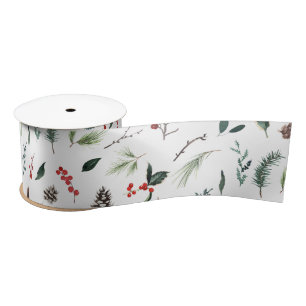 Winter Red Berries Botanical Watercolor Christmas Satin Ribbon