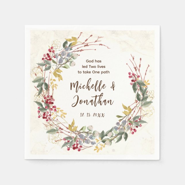 Winter Red Berries Botanical Wreath Wedding Napkin (Front)