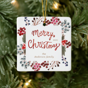 Winter Red Berries Merry Christmas Photo Ceramic Ornament