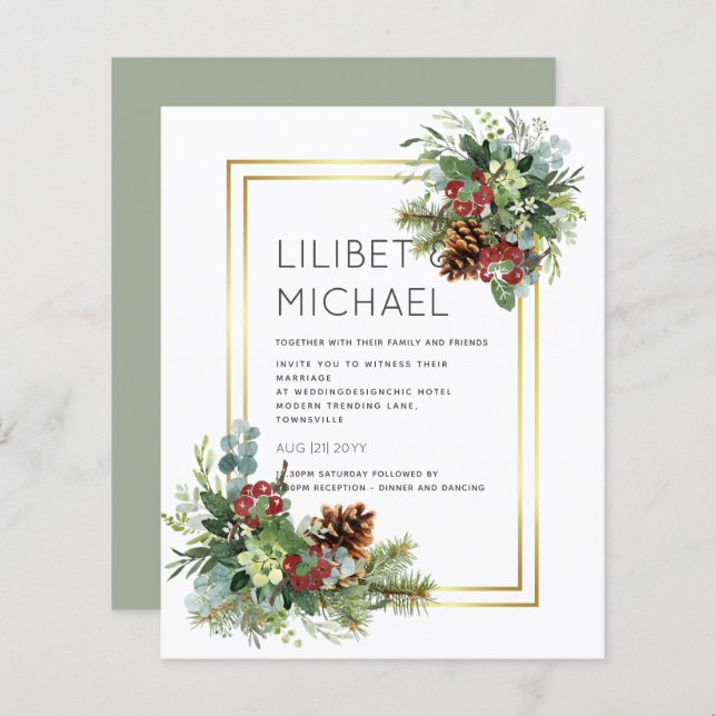 Winter Red Berries Pine Cones Wedding (Front/Back)