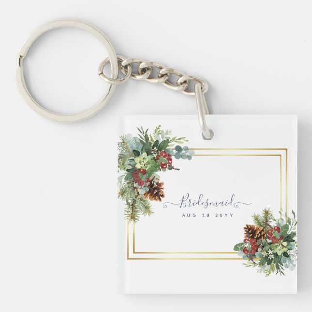 Winter Red Berries Pine Cones Wedding Key Ring (Front)