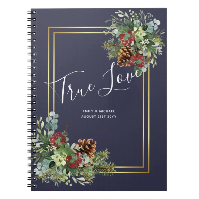 Winter Red Berries Pine Cones Wedding Notebook (Front)