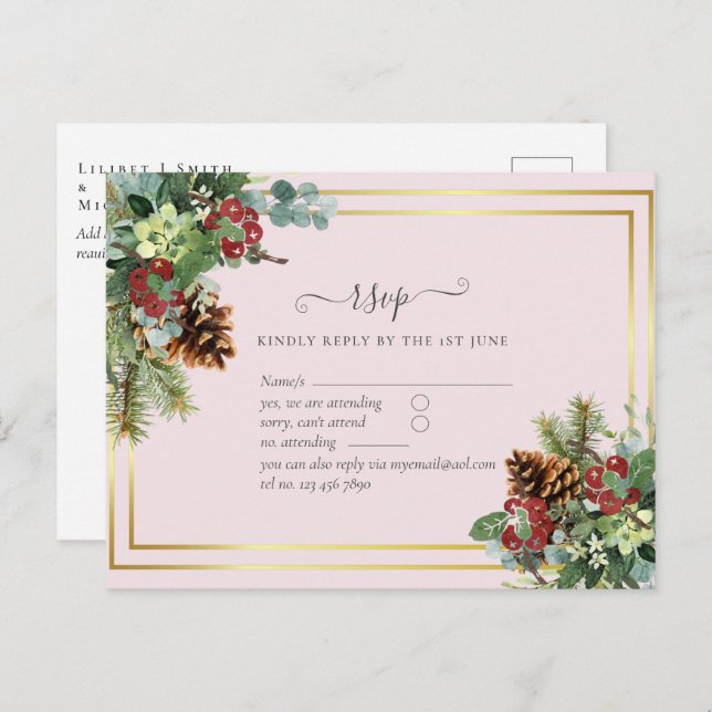 Winter Red Berries Pine Cones Wedding Postcard (Front/Back)