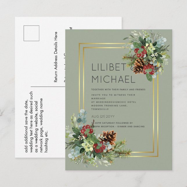 Winter Red Berries Pine Cones Wedding Postcard (Front/Back)