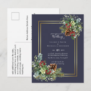 Winter Red Berries Pine Cones Wedding Postcard