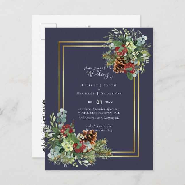 Winter Red Berries Pine Cones Wedding Postcard (Front/Back)