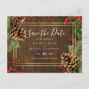 Winter Red Berries Pine Cones Wedding Postcard
