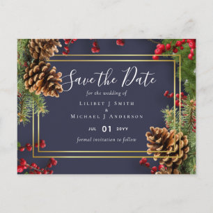 Winter Red Berries Pine Cones Wedding Postcard