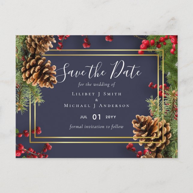 Winter Red Berries Pine Cones Wedding Postcard (Front)