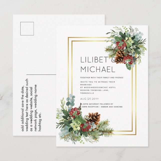 Winter Red Berries Pine Cones Wedding Postcard (Front/Back)