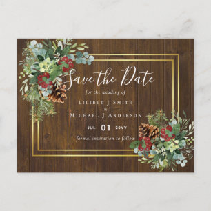 Winter Red Berries Pine Cones Wedding Postcard