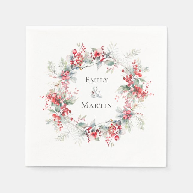 Winter Red Berries Poinsettias Wreath Wedding Napkin (Front)