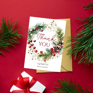 Winter red berries snowy pines wreath thank you card