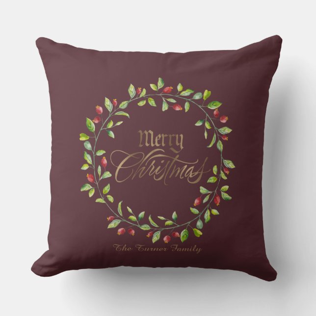 Winter Red Berries Wreath Gold Merry Christmas Cushion (Front)