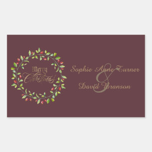 Winter Red Berries Wreath Gold Merry Christmas Rectangular Sticker