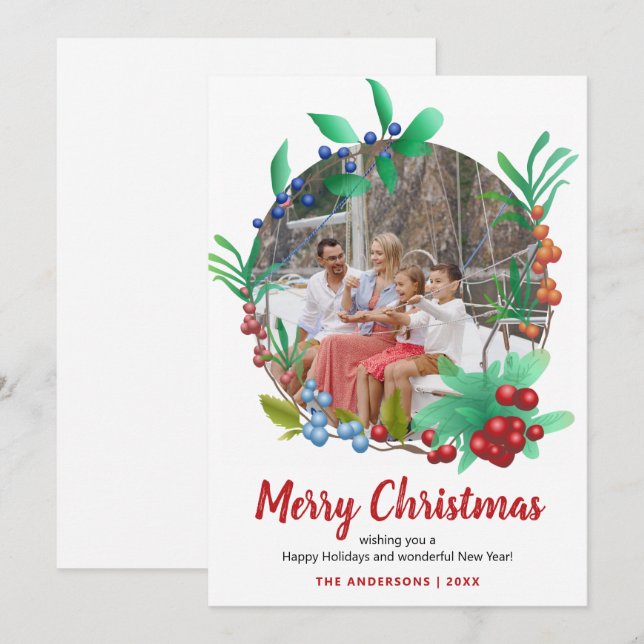 Winter Red Berries Wreath Photo Christmas Holiday Card (Front/Back)