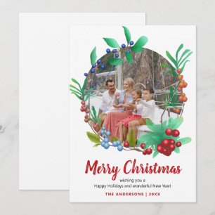 Winter Red Berries Wreath Photo Christmas Holiday Card