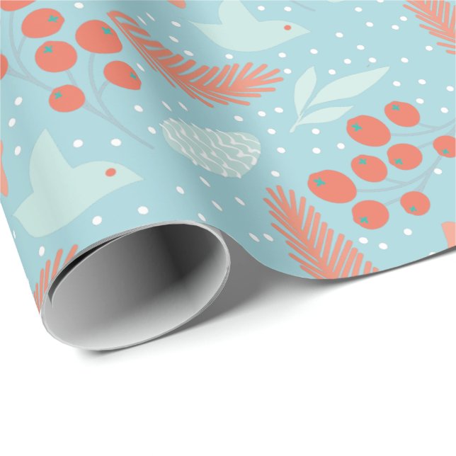 Winter Red Berry Blue Bird Floral Christmas Wrapping Paper (Roll Corner)