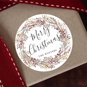 Winter Red Berry Wreath Merry Christmas Classic Round Sticker