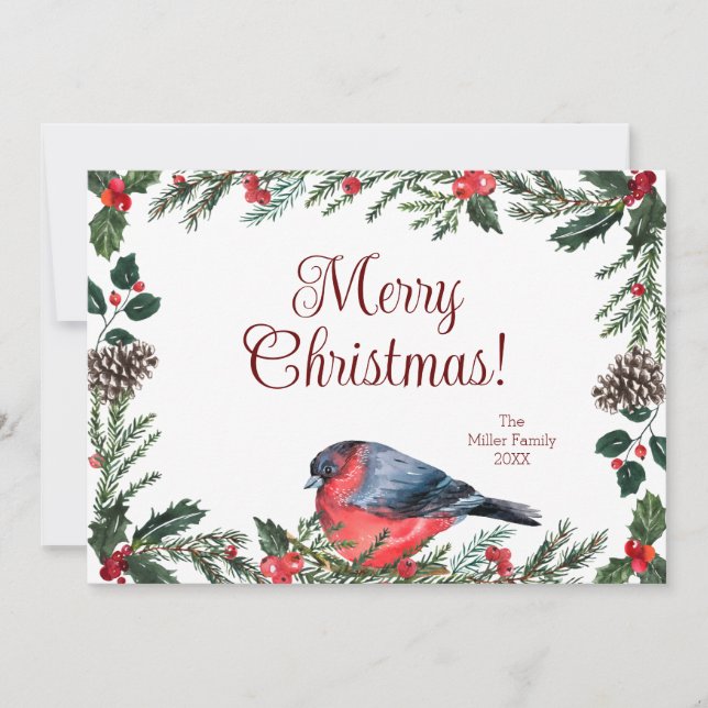 Winter Red Bird Botanical Christmas Holiday Card (Front)
