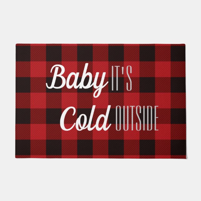 Winter red buffalo plaid baby it's cold outside doormat (Front)