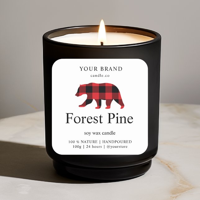 Winter Red Buffalo Plaid Bear Candle  Square Sticker (Creator Uploaded)