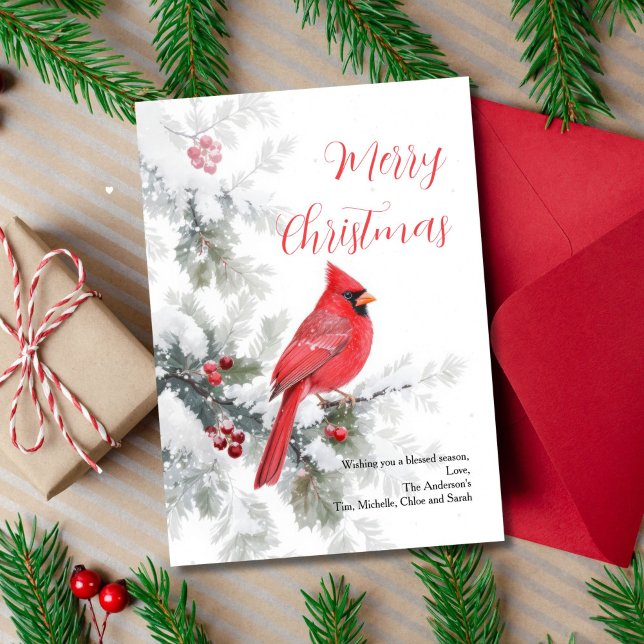 Winter Red Cardinal Bird Holiday Christmas Card (Snowy Winter Tree Branch Red Cardinal Christmas Holiday Greeting Card. Printed or Digital)