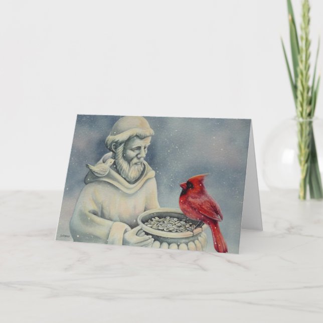 Winter Red Cardinal Bird St Francis Watercolor Art Card (Front)