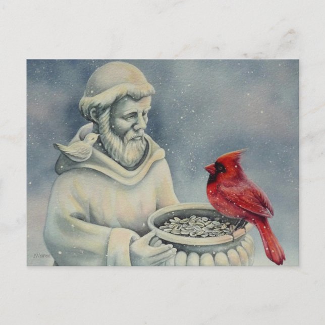 Winter Red Cardinal Bird St Francis Watercolor Art Postcard (Front)