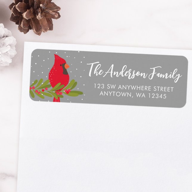 Winter Red Cardinal Grey Christmas Return Address (Creator Uploaded)