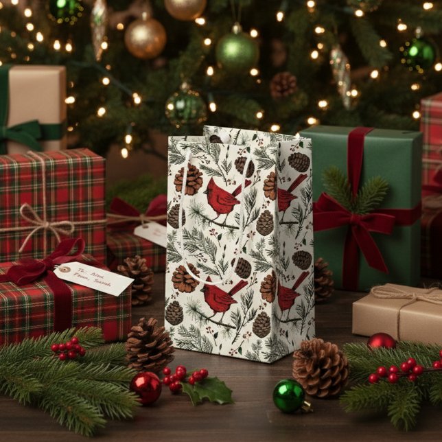 Winter Red Cardinal in Pine Tree  Small Gift Bag (Elegant Winter Red Cardinal Bird, Pine, Pinecones, Xmas Red Berries Rustic Christmas Ivory Pattern)