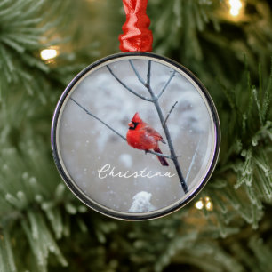 Winter Red Cardinal in Snow Metal Tree Decoration