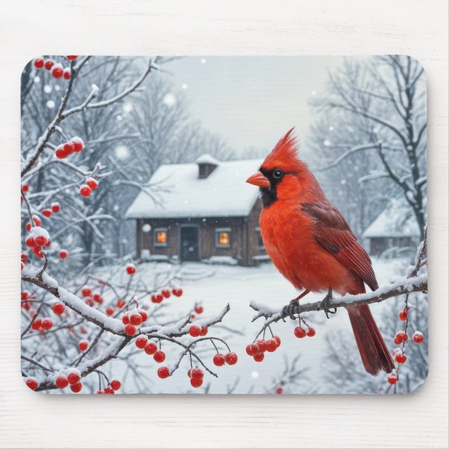 Winter Red Cardinal On Berry Branch Mouse Mat (Front)