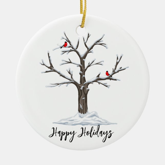 Winter Red Cardinals on Snowy Tree  Ceramic Tree Decoration (Front)