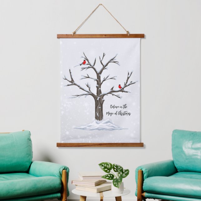 Winter Red Cardinals on Snowy Tree Hanging Tapestry (Living Room)