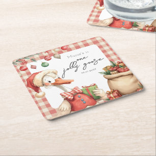 Winter Red Christmas Silly Goose 1st birthday Square Paper Coaster