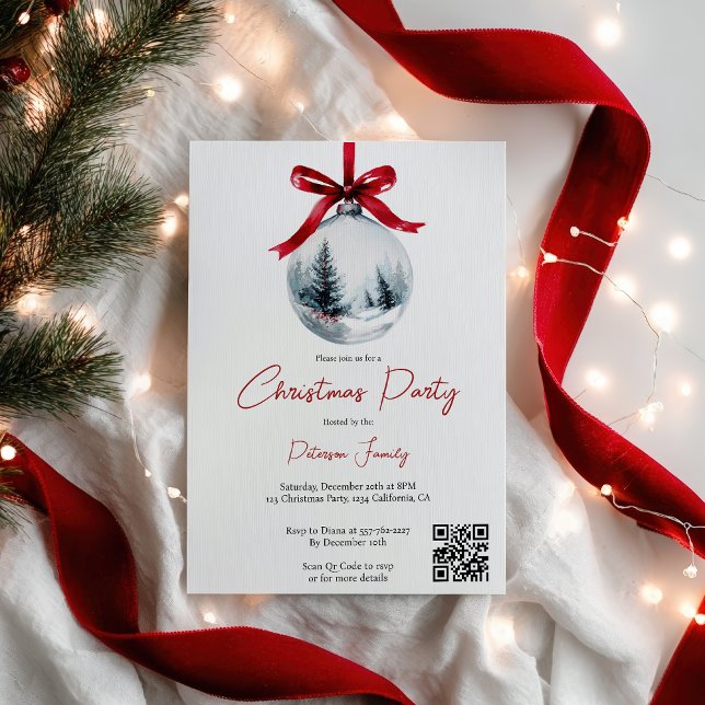 Winter Red Coquette Bow Ribbon QR Christmas Party Invitation (Winter Red Coquette Bow Ribbon QR Christmas Party Invitation)