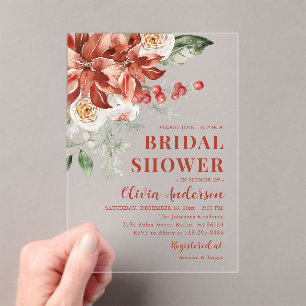 Winter Red Floral Christmas Bridal Shower Acrylic Invitations
