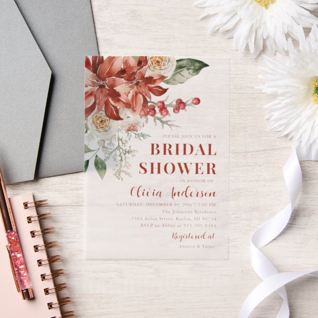 Winter Red Floral Christmas Bridal Shower Vellum Invitations (Wedding)