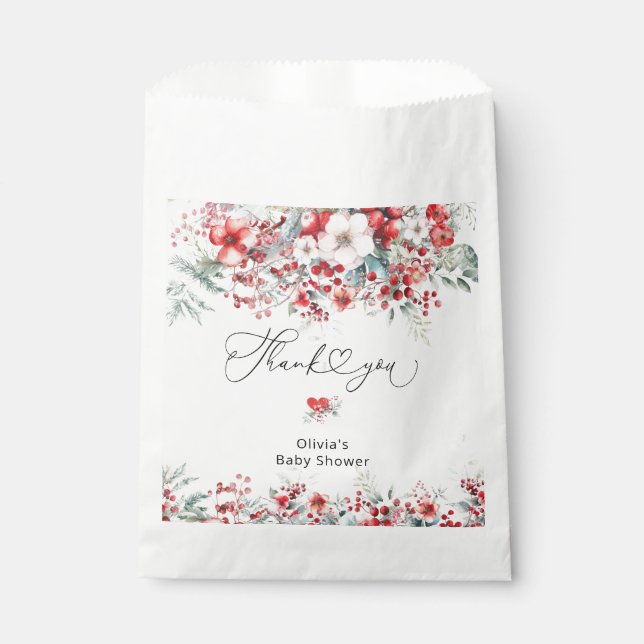 Winter Red Floral Foliage Baby Shower Thank You Favour Bags (Front)