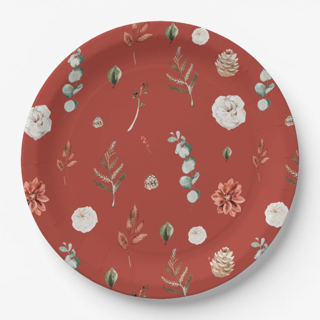 Winter Red Floral Greenery Festive Bridal Shower Paper Plate (Front)
