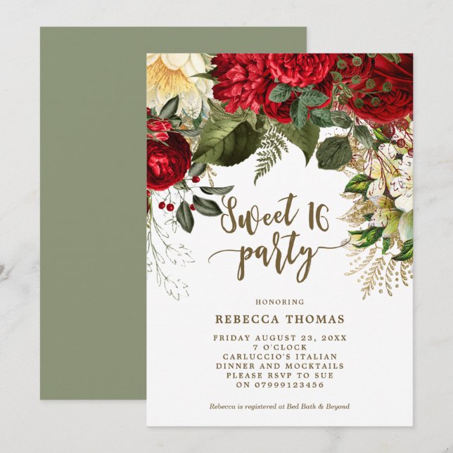 winter red floral Sweet 16 party invitation (Front/Back)