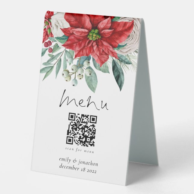 Winter Red Florals Poinsettia Menu Qr Code Wedding (Front)